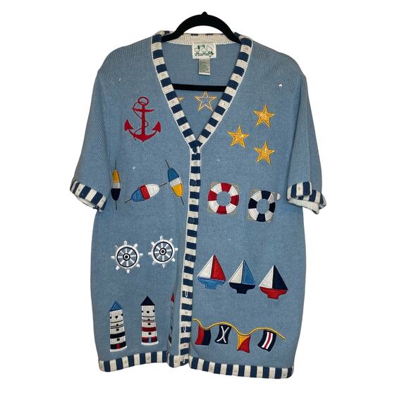 Quaker Factory Teachercore Cabin Coastal Grandma Embroidered Cardigan sz L - Picture 1 of 8